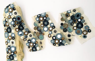Gold Sheer Tissue Fabric Trim With Grey And Black Circles and Floral Embroidery With Mirror Embellishments, Indian Mirrored Trim